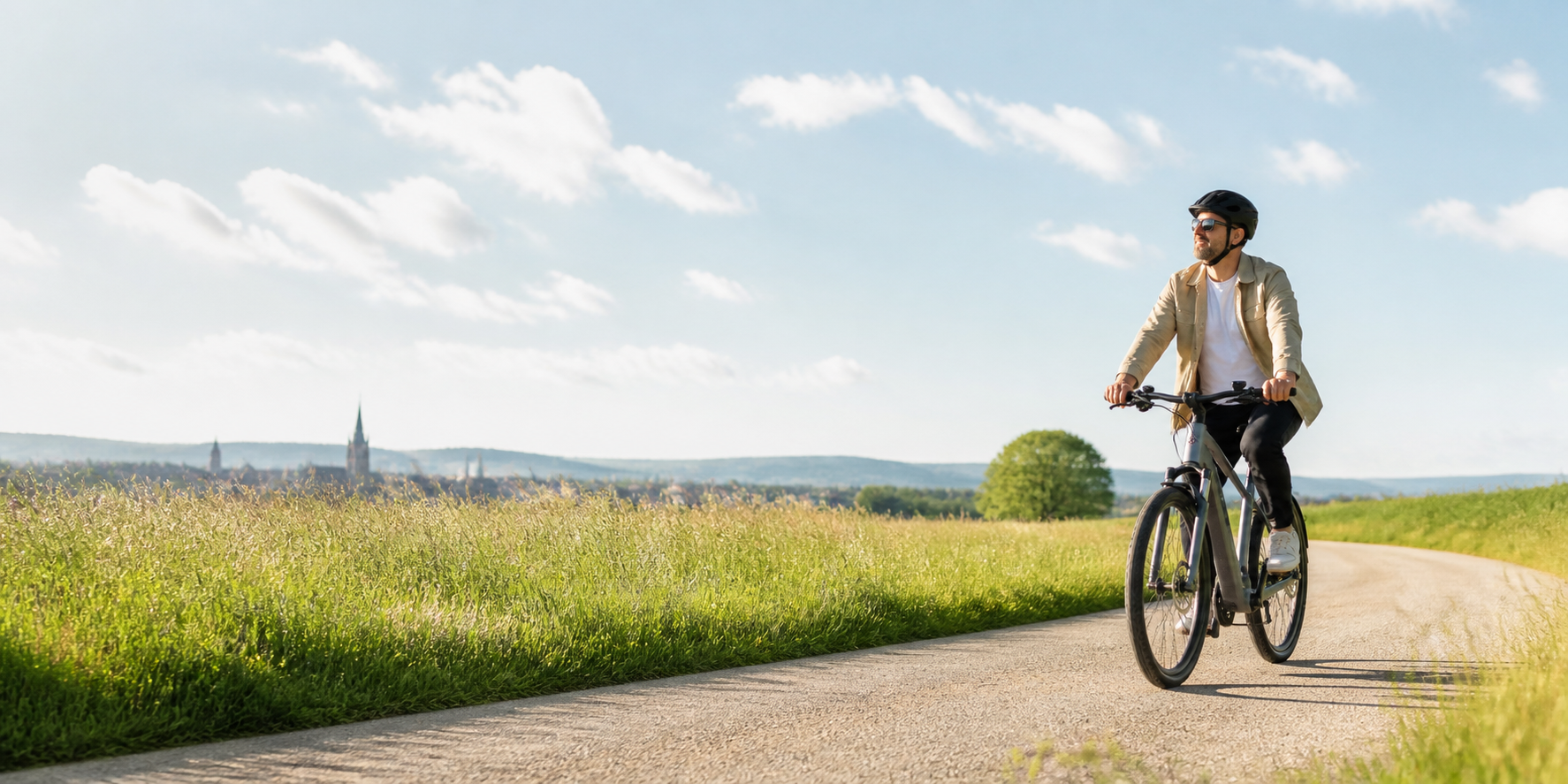 Fahrradfahrerin in weiter Landschaft